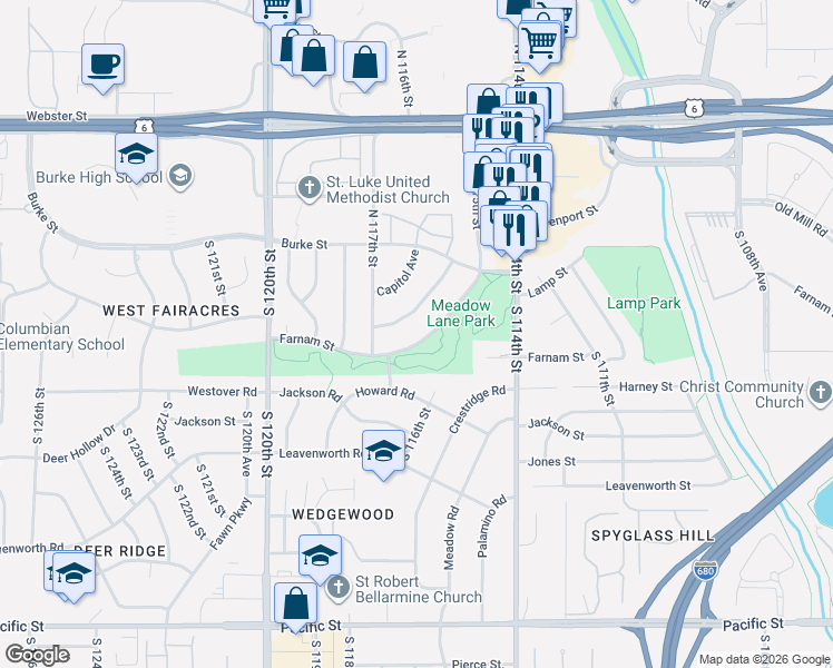map of restaurants, bars, coffee shops, grocery stores, and more near 11546 Farnam Street in Omaha