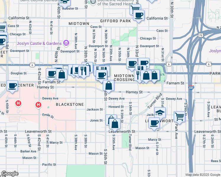 map of restaurants, bars, coffee shops, grocery stores, and more near 3555 Farnam Street in Omaha