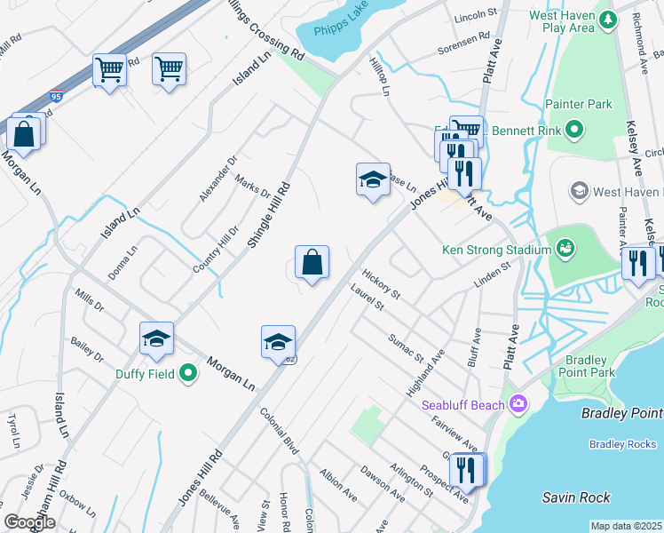 map of restaurants, bars, coffee shops, grocery stores, and more near 8 Laurie Lane in West Haven