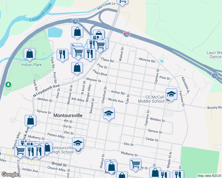 map of restaurants, bars, coffee shops, grocery stores, and more near 800-898 Weaver Street in Montoursville