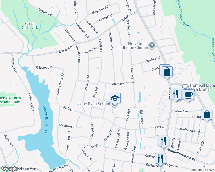 map of restaurants, bars, coffee shops, grocery stores, and more near 38 Mulberry Street in Trumbull