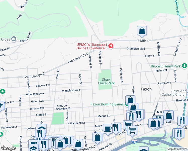 map of restaurants, bars, coffee shops, grocery stores, and more near 1598 Almond Court in Williamsport