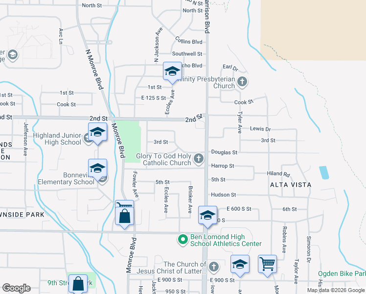 map of restaurants, bars, coffee shops, grocery stores, and more near 1130 Douglas Street in Ogden