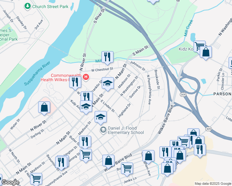map of restaurants, bars, coffee shops, grocery stores, and more near 32 East Elm Street in Wilkes-Barre