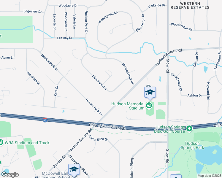 map of restaurants, bars, coffee shops, grocery stores, and more near 2355 Olde Farm Lane in Hudson