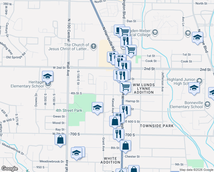 map of restaurants, bars, coffee shops, grocery stores, and more near 10 Grant Avenue in Ogden