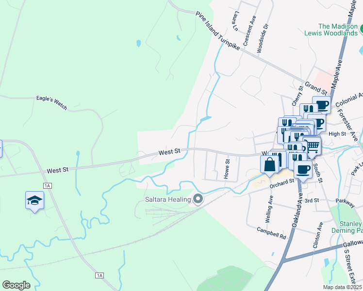 map of restaurants, bars, coffee shops, grocery stores, and more near 124 West Street in Warwick