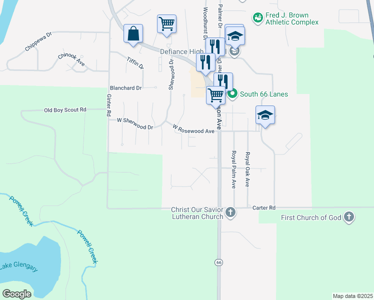 map of restaurants, bars, coffee shops, grocery stores, and more near 245 West Rosewood Avenue in Defiance