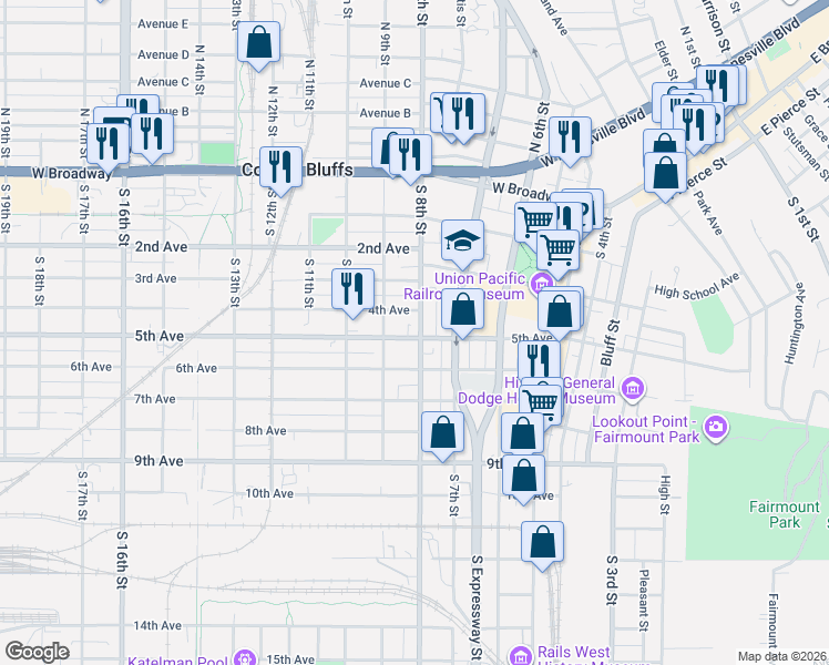 map of restaurants, bars, coffee shops, grocery stores, and more near 410 South 8th Street in Council Bluffs