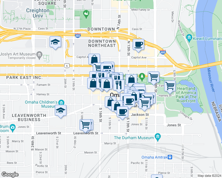map of restaurants, bars, coffee shops, grocery stores, and more near 316 South 15th Street in Omaha