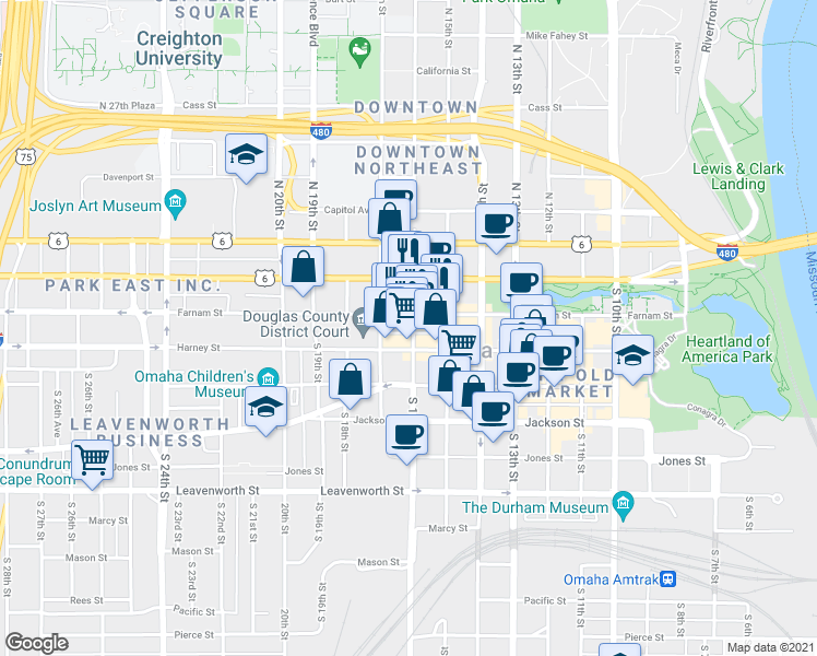 map of restaurants, bars, coffee shops, grocery stores, and more near in Omaha