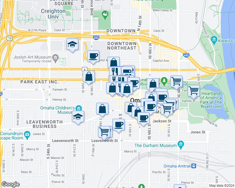map of restaurants, bars, coffee shops, grocery stores, and more near in Omaha