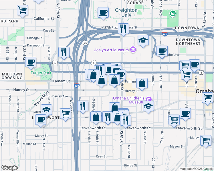 map of restaurants, bars, coffee shops, grocery stores, and more near 2507 Farnam Street in Omaha