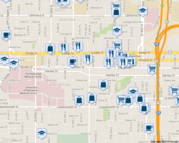 map of restaurants, bars, coffee shops, grocery stores, and more near 3555 Farnam Street in Omaha