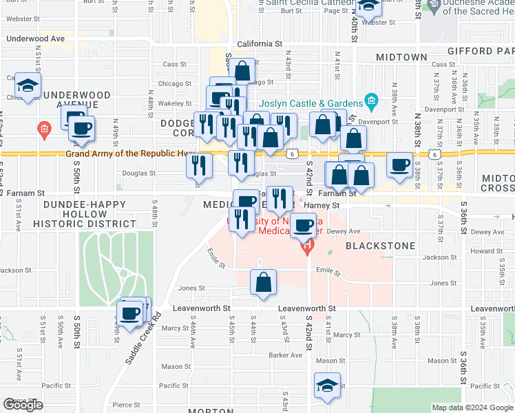 map of restaurants, bars, coffee shops, grocery stores, and more near 330 South 44th Street in Omaha