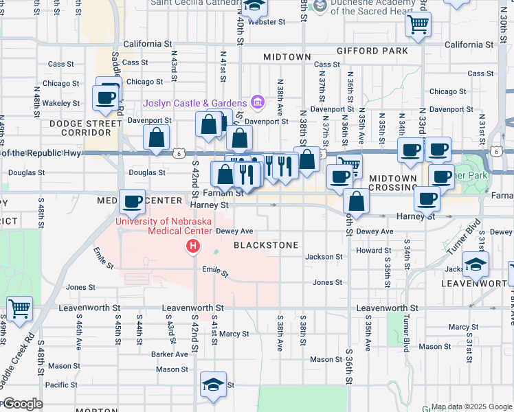 map of restaurants, bars, coffee shops, grocery stores, and more near 404 South 39th Street in Omaha