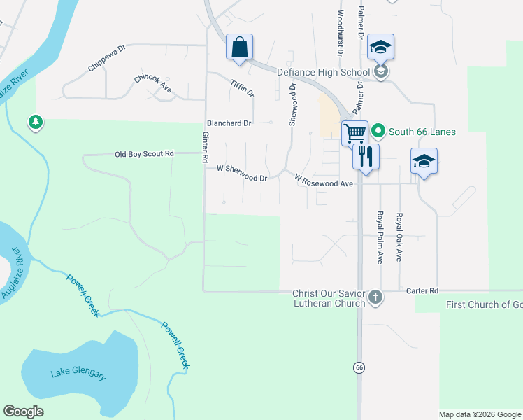 map of restaurants, bars, coffee shops, grocery stores, and more near 2028 Jasica Court in Defiance