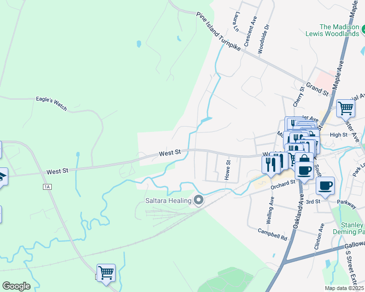 map of restaurants, bars, coffee shops, grocery stores, and more near 124 West Street in Warwick