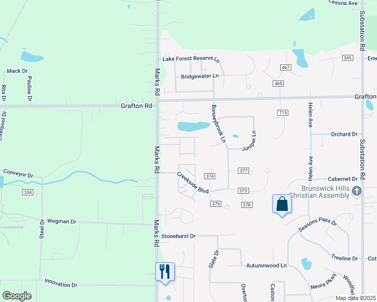 map of restaurants, bars, coffee shops, grocery stores, and more near 625 Marks Road in Brunswick