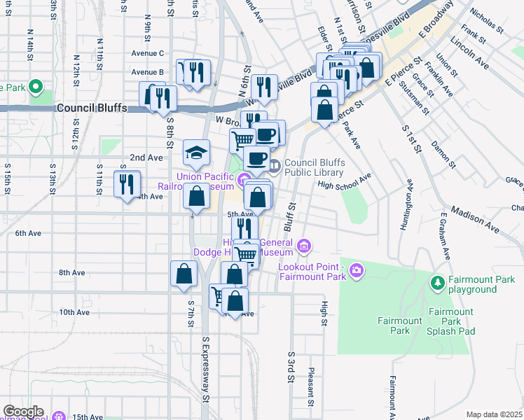 map of restaurants, bars, coffee shops, grocery stores, and more near 216 South 4th Street in Council Bluffs
