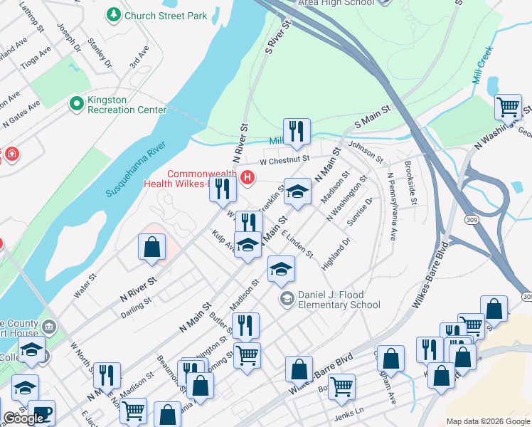 map of restaurants, bars, coffee shops, grocery stores, and more near 588 North Main Street in Wilkes-Barre