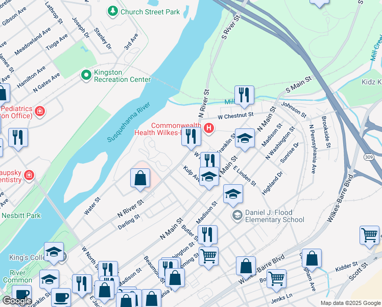map of restaurants, bars, coffee shops, grocery stores, and more near 67 West Maple Street in Wilkes-Barre