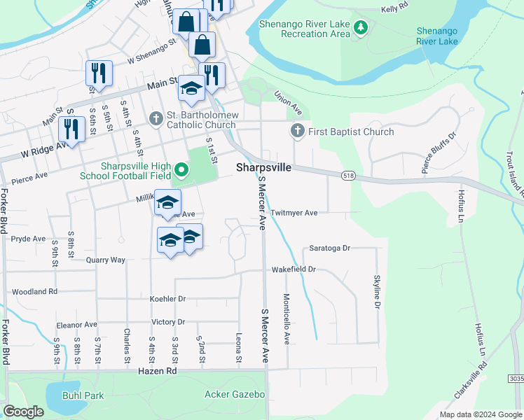 map of restaurants, bars, coffee shops, grocery stores, and more near 400 South Mercer Avenue in Sharpsville