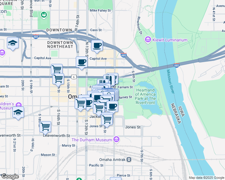 map of restaurants, bars, coffee shops, grocery stores, and more near 1001 Farnam Street in Omaha