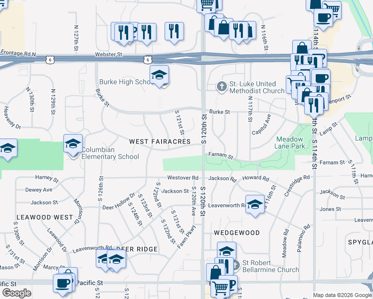 map of restaurants, bars, coffee shops, grocery stores, and more near 12105 Farnam Street in Omaha