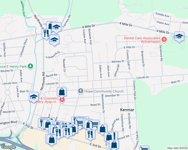 map of restaurants, bars, coffee shops, grocery stores, and more near 1432 Richards Avenue in Williamsport