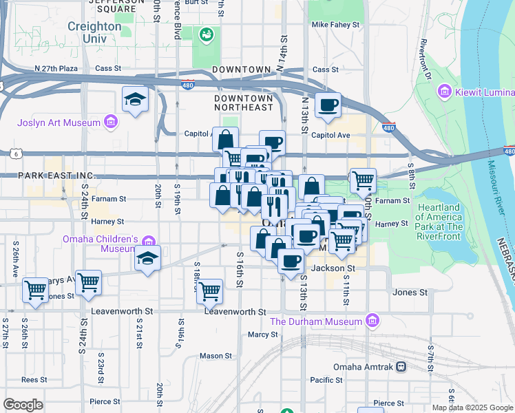 map of restaurants, bars, coffee shops, grocery stores, and more near 306 South 15th Street in Omaha