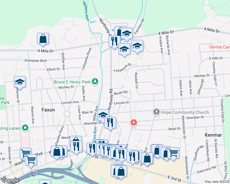 map of restaurants, bars, coffee shops, grocery stores, and more near 1500-1598 Northway Rd in Williamsport