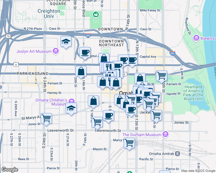 map of restaurants, bars, coffee shops, grocery stores, and more near in Omaha
