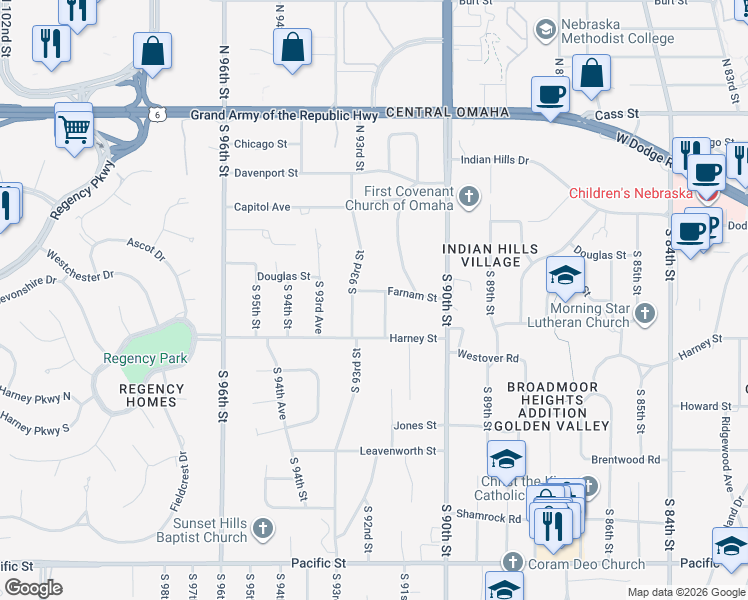 map of restaurants, bars, coffee shops, grocery stores, and more near 304 South 92nd Street in Omaha