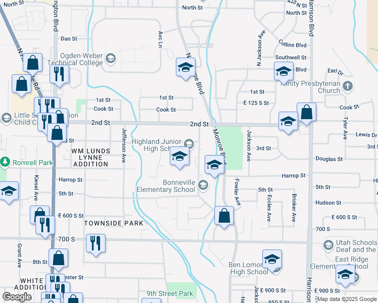 map of restaurants, bars, coffee shops, grocery stores, and more near 325 Gramercy Avenue in Ogden