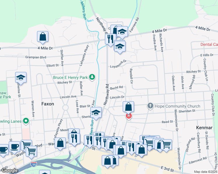 map of restaurants, bars, coffee shops, grocery stores, and more near 1500 Northway Road in Williamsport