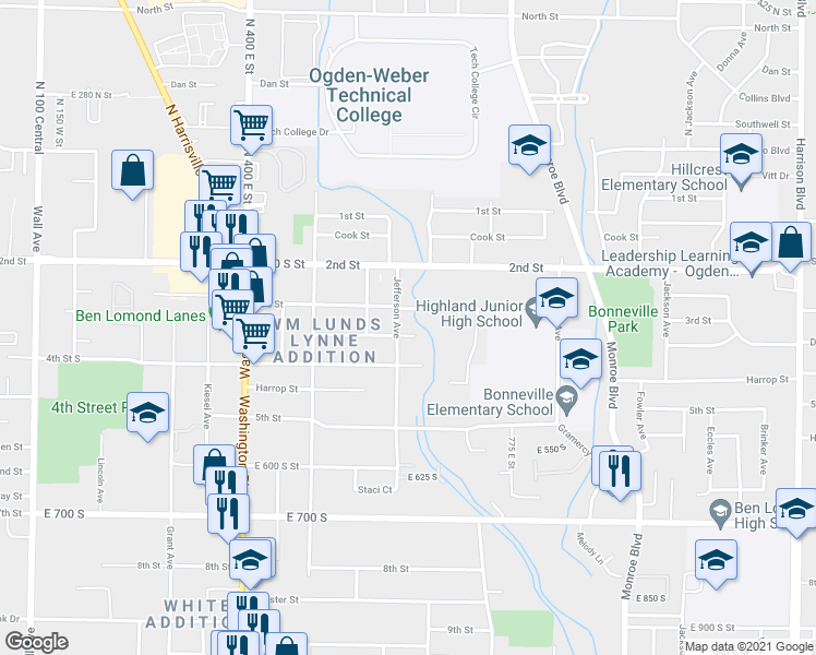 map of restaurants, bars, coffee shops, grocery stores, and more near 608 Douglas Street in Ogden