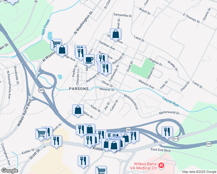 map of restaurants, bars, coffee shops, grocery stores, and more near 76 Oliver Street in Wilkes-Barre