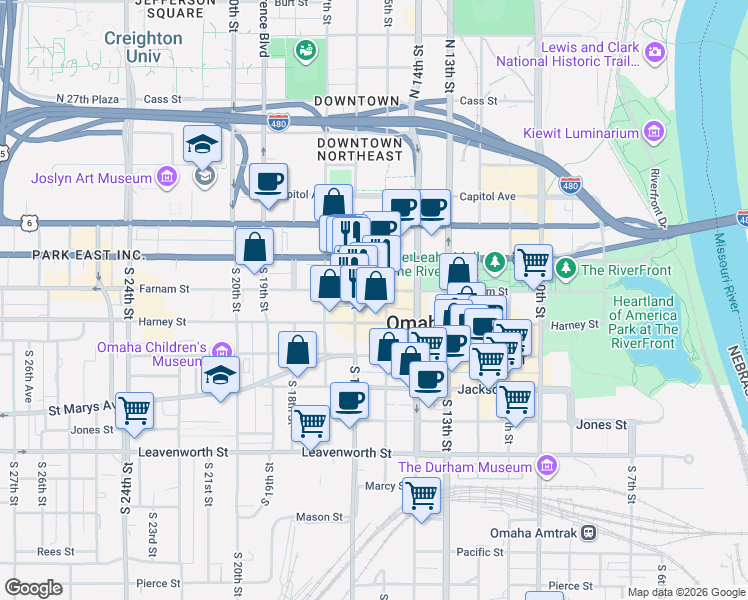 map of restaurants, bars, coffee shops, grocery stores, and more near 1511 Farnam Street in Omaha
