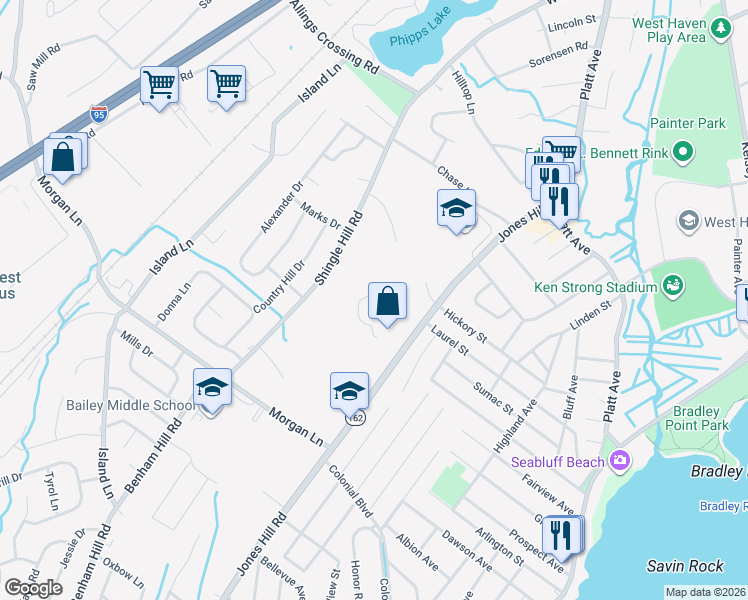 map of restaurants, bars, coffee shops, grocery stores, and more near 12 Jones Hill Road in West Haven
