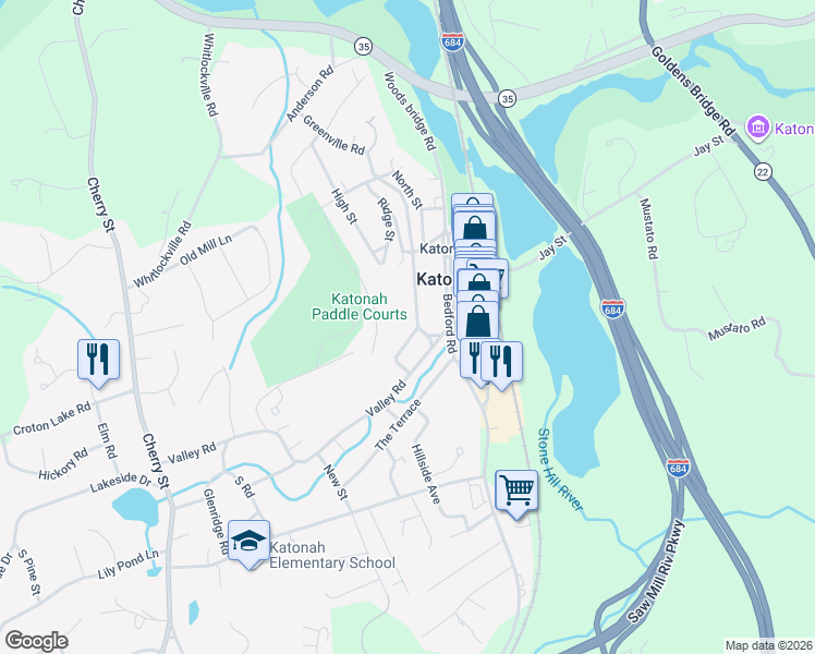 map of restaurants, bars, coffee shops, grocery stores, and more near 87 Edgemont Road in Katonah