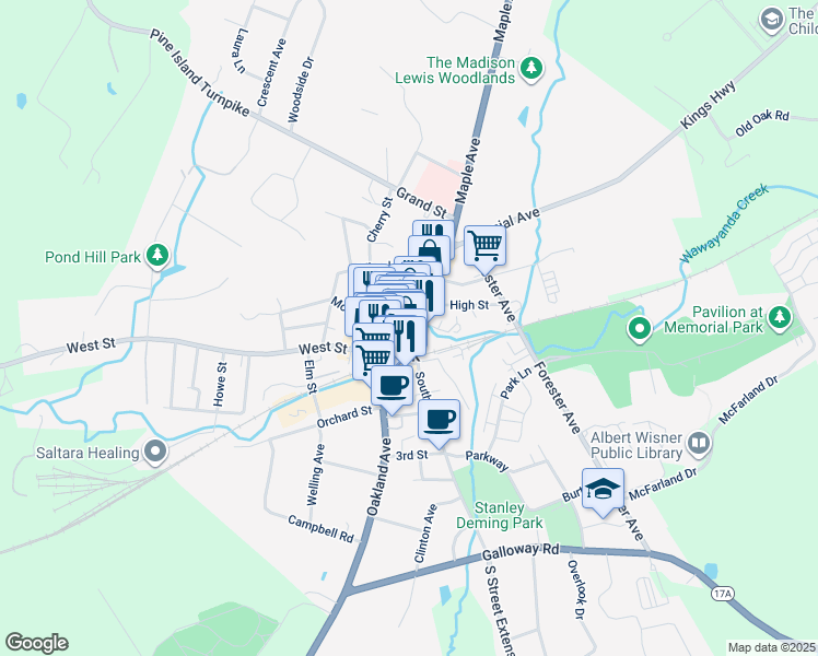 map of restaurants, bars, coffee shops, grocery stores, and more near 47 Main Street in Warwick