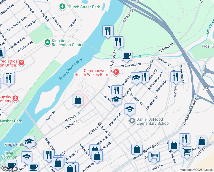 map of restaurants, bars, coffee shops, grocery stores, and more near 67-81 West Maple Street in Wilkes-Barre