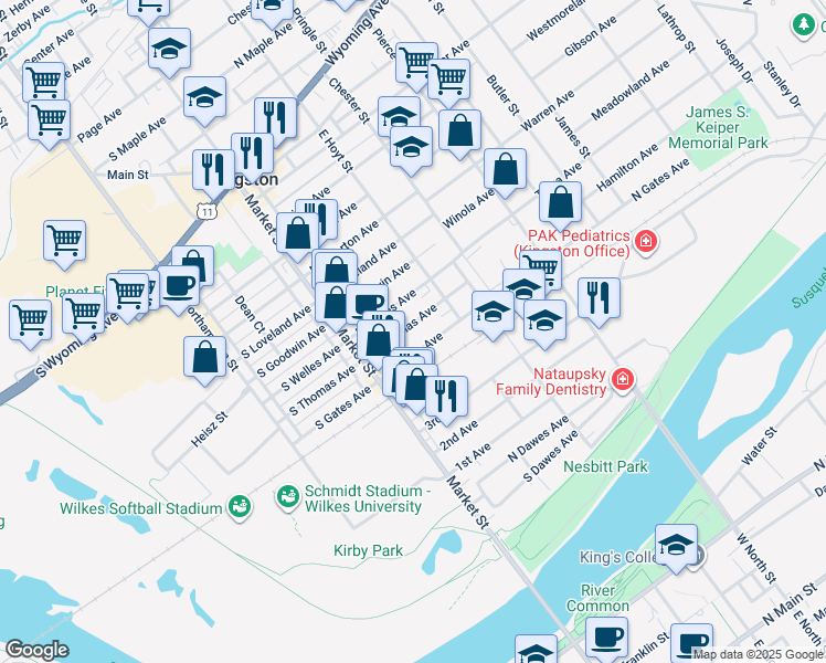 map of restaurants, bars, coffee shops, grocery stores, and more near 44 North Thomas Avenue in Kingston
