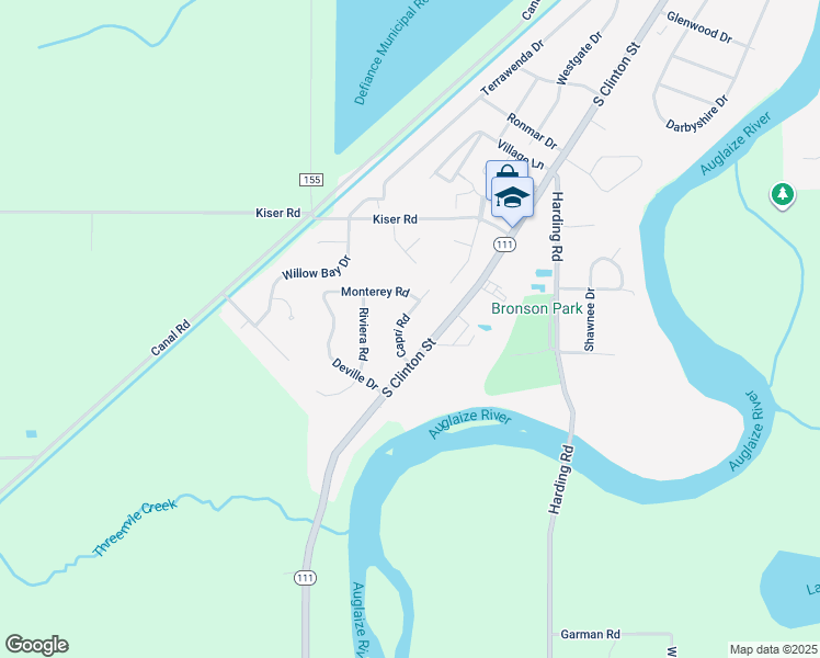 map of restaurants, bars, coffee shops, grocery stores, and more near 31 Capri Road in Defiance