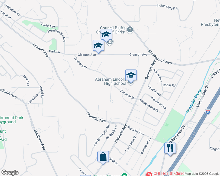 map of restaurants, bars, coffee shops, grocery stores, and more near 1008 Arbor Ridge Circle in Council Bluffs