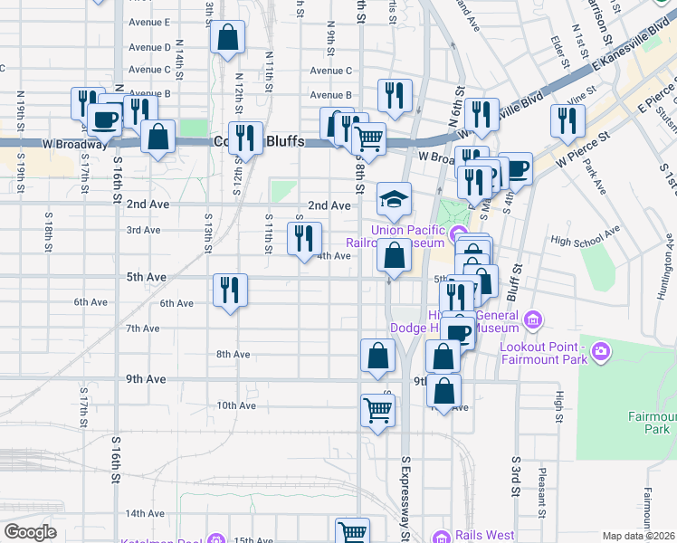 map of restaurants, bars, coffee shops, grocery stores, and more near 412 South 9th Street in Council Bluffs