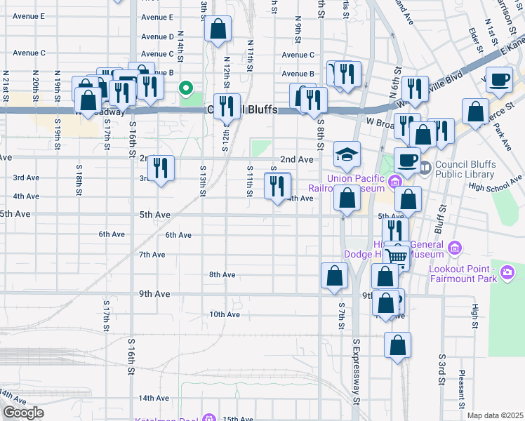 map of restaurants, bars, coffee shops, grocery stores, and more near 410 South 10th Street in Council Bluffs