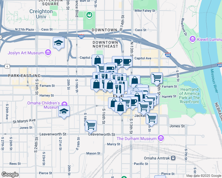 map of restaurants, bars, coffee shops, grocery stores, and more near 316 South 15th Street in Omaha