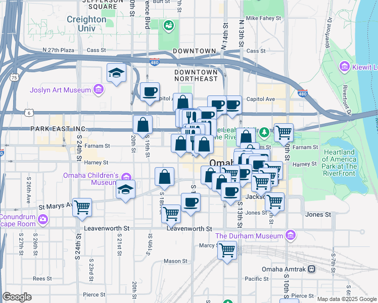 map of restaurants, bars, coffee shops, grocery stores, and more near in Omaha